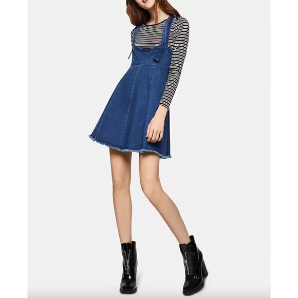 NWT BCBGeneration Denim Cross Back Overall Raw Hem Mini Dress • Size 0 - Picture 1 of 3